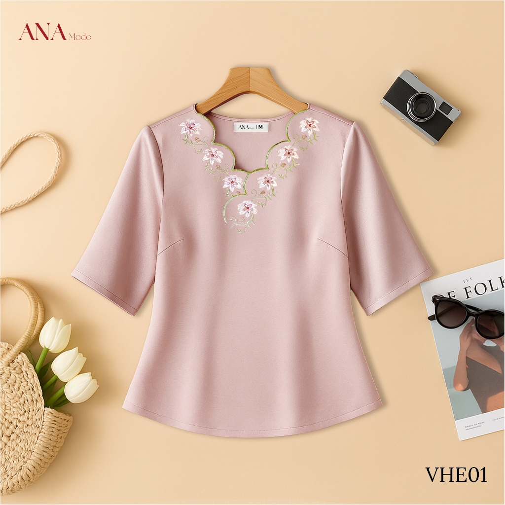 Áo Kiểu Thêu Hoa Trung Niên ANA Mode Chất Liệu Lụa Vân Mờ Thanh Lịch Đi Chơi Quà Tặng Mẹ AK25VHE01