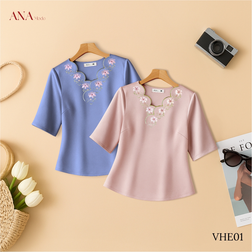 Áo Kiểu Thêu Hoa Trung Niên ANA Mode Chất Liệu Lụa Vân Mờ Thanh Lịch Đi Chơi Quà Tặng Mẹ AK25VHE01