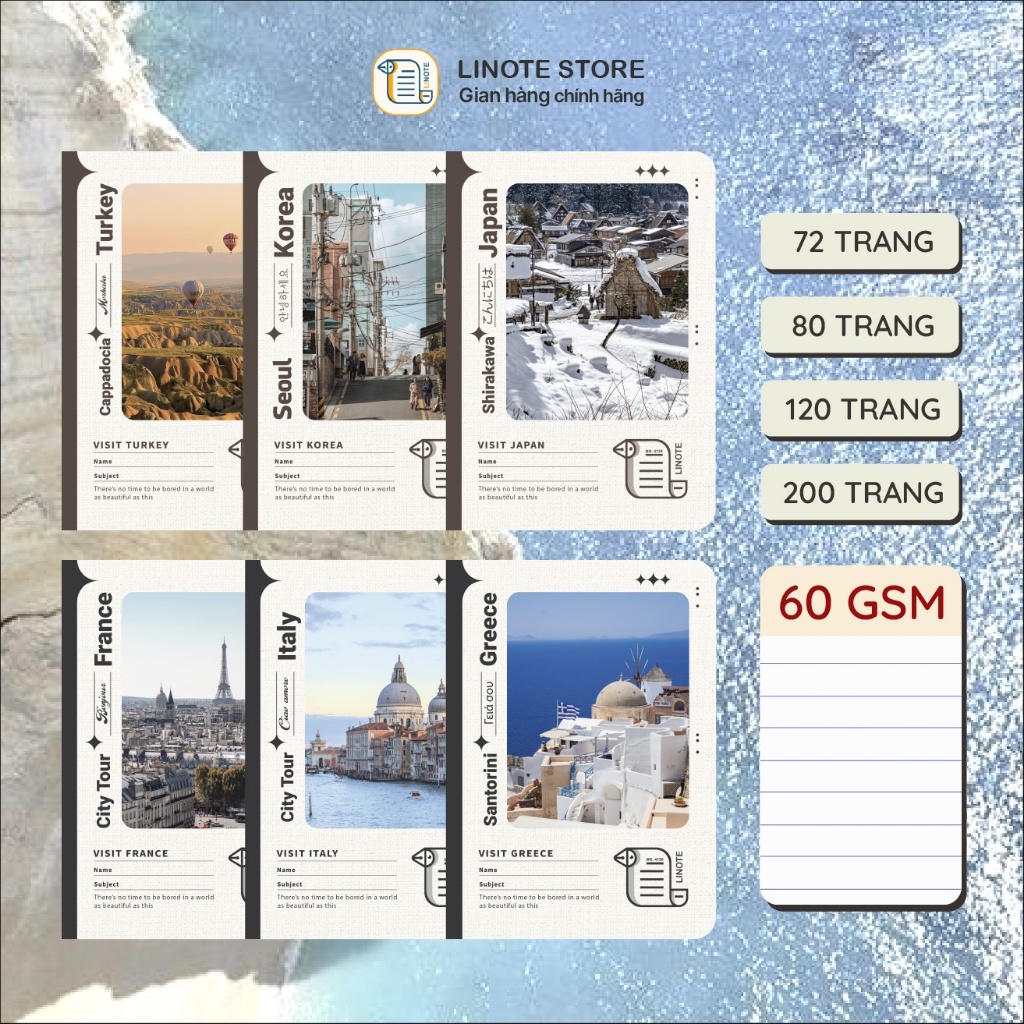 LINOTE Vở Kẻ Ngang Phong Cảnh Thế Giới Travel 72-80-120-200 Trang Giấy 60gsm 17.5x25cm Vở Học Sinh Sinh Viên