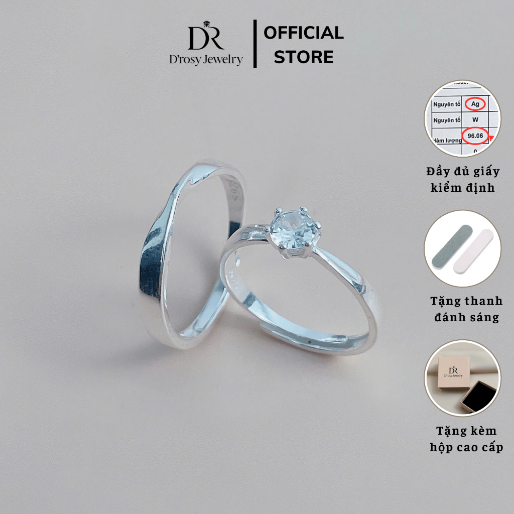 Nhẫn đôi bạc nam nữ S925 freesize D'rosy, Nhẫn cặp hòa quyện nhẫn nam uốn lượn nhẫn nữ đính đá ND06