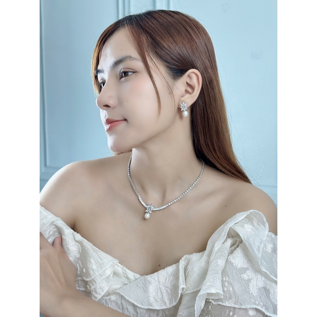 SET50 - Bộ trang Sức Đính Đá Cổ Tia Bản Lớn 7-8 li - Vòng Cổ và Bông Tai Sang Trọng - Forever Young