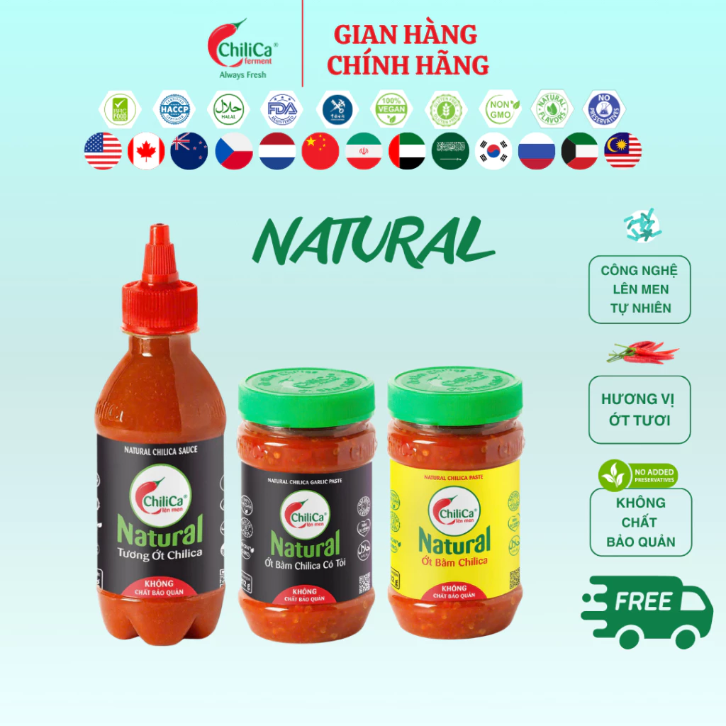 [KHÔNG CBQ] Bộ 3 ChiliCa Natural Chua Cay Thích Ngay: Tương Ớt 255g -Ớt Bằm 212g -Ớt Bằm Có Tỏi 212g
