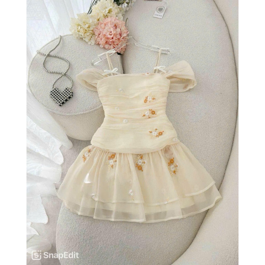 Đầm Công Chúa Voan Hai Dây Nhún Hoa Thêu Tay Dáng Xoè Tầng Cực Xinh - Váy Dự Tiệc, Chụp Hình, Dạo Phố