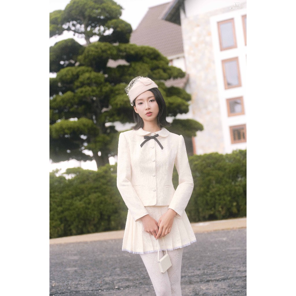 Set Áo Blazer Nữ Cổ Sen Dáng Ngắn 5B09.2508TW, Chân Váy Xếp Ly Ren Tiểu Thư Retro 4S27.2508W. Set Công Sở Thanh Lịch JM