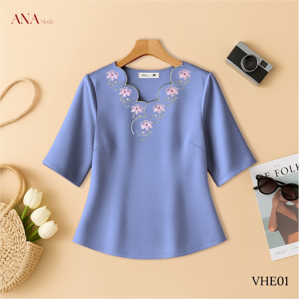 Áo Kiểu Thêu Hoa Trung Niên ANA Mode Chất Liệu Lụa Vân Mờ Thanh Lịch Đi Chơi Quà Tặng Mẹ AK25VHE01
