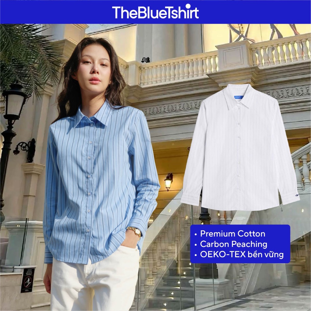 TheBlueTshirt - Áo sơ mi tay dài kẻ sọc dáng suông cotton cao cấp cho nữ - Soho Shirt
