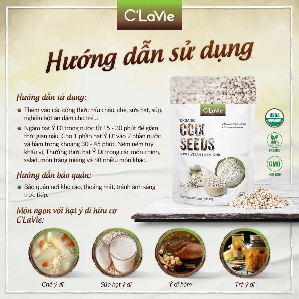 Hạt ý dĩ hữu cơ C'LaVie Organic Coix Seeds 200g