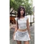 2Soonsumff Set 2 món áo crotop tay ngắn cổ tròn viền ren phối chân váy ngắn lưng chun sexy cá tính
