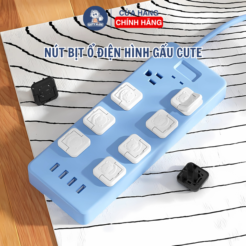 Combo 5 Nút Bịt Ổ Điện Gấu Trắng Cao Cấp GutyKids Có Quai Tháo Lắp Dễ Dàng, Giữ An Toàn Cho Bé