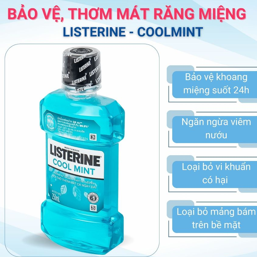 Nước Súc Miệng Listerine Cool Mint - Bảo Vệ Răng Miệng, Thơm Mát Ngày Dài - 250ml