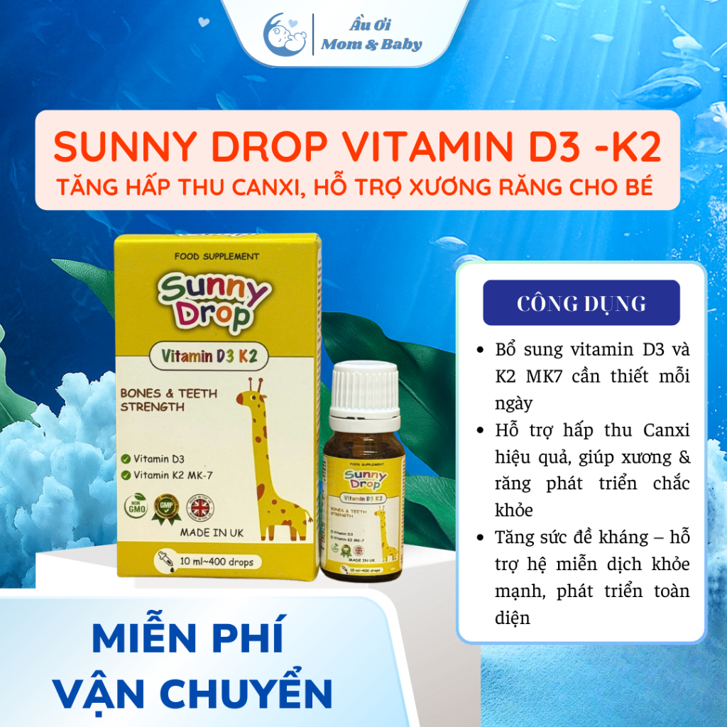 [TẶNG SIRO HO 65K] Sunny Drop Vitamin D3 K2 – Tăng Hấp Thu Canxi, Hỗ Trợ Xương Răng Cho Bé – Hàng Anh Quốc Chính Hãng