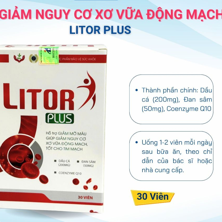 [TẶNG SIRO HO 65K] Viên Uống LITOR PLUS - Giúp Giảm Nguy Cơ Xơ Vữa Động Mạch, Tốt Cho Tim Mạch - 30 Viên