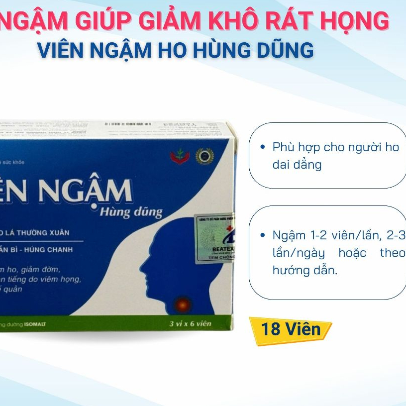 [HÀNG CTY + QUÀ] Viên Ngậm Ho Hùng Dũng - Kẹo Ngậm Giúp Giảm Khô Rát Ngứa Họng Cải Thiện Khản Tiếng - 18 Viên