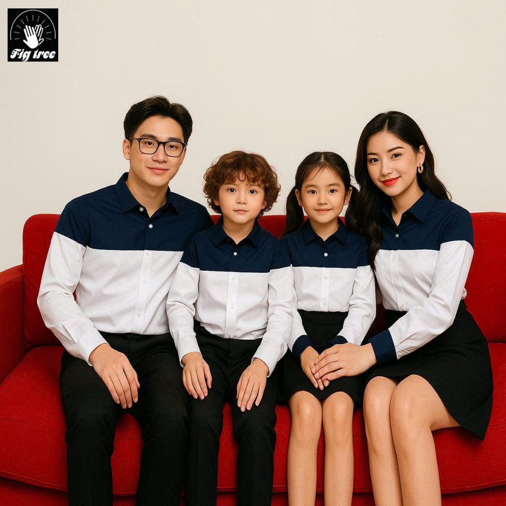 Set Áo Sơ Mi Gia Đình Fig Tree Màu Trắng phối Xanh siêu xịn - mịn (Kèm feedback)