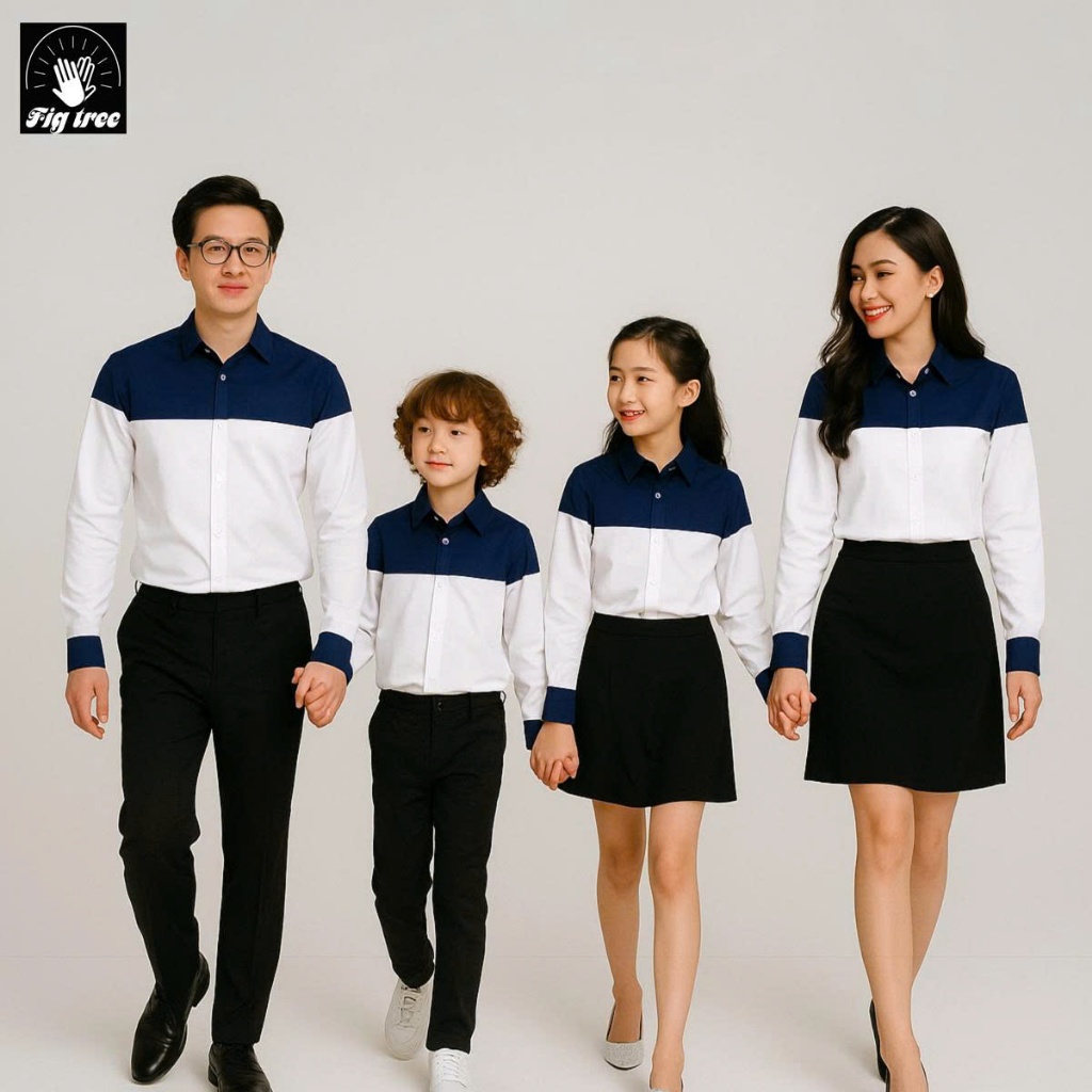 Set Áo Sơ Mi Gia Đình Fig Tree Màu Trắng phối Xanh siêu xịn - mịn (Kèm feedback)