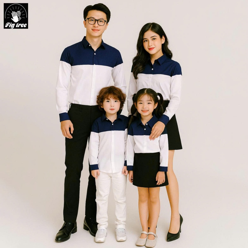 Set Áo Sơ Mi Gia Đình Fig Tree Màu Trắng phối Xanh siêu xịn - mịn (Kèm feedback)