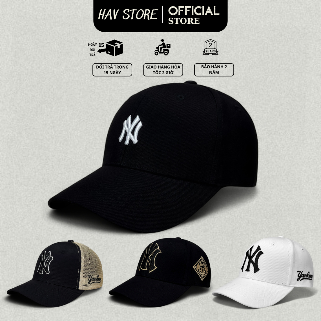 Mũ Nón lưỡi trai thêu chữ NY đen logo trắng nón lưỡi trai MLB NY nam nữ hàng xuất dư