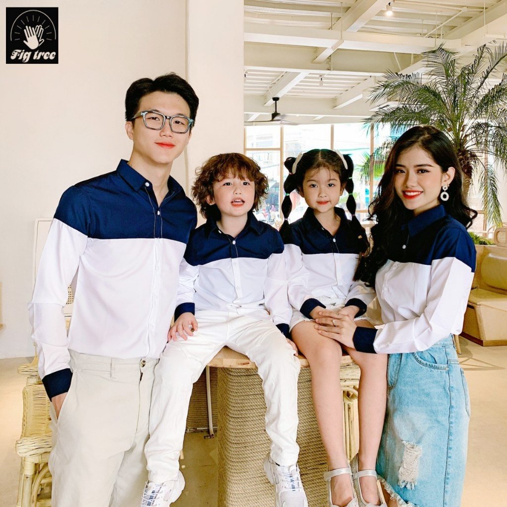 Set Áo Sơ Mi Gia Đình Fig Tree Màu Trắng phối Xanh siêu xịn - mịn (Kèm feedback)