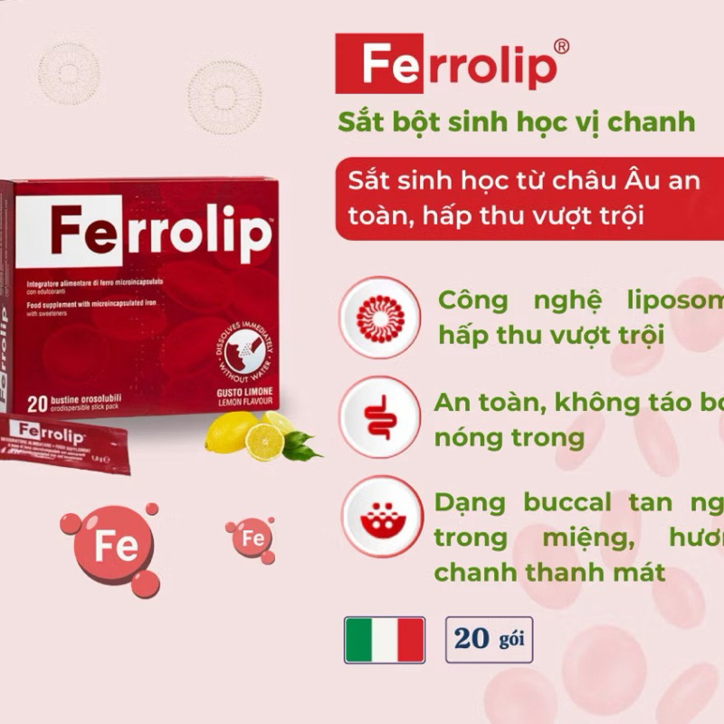 Sắt Bột Ferrolip dạng gói , Sắt Sinh học dành cho mẹ bầu Hộp 20 gói thuần chay