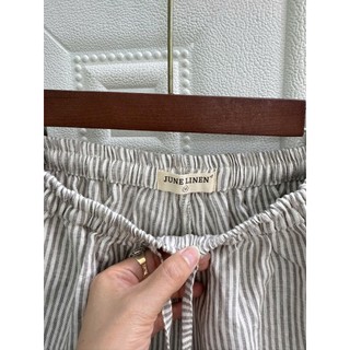 (Sẵn HCM)-Set bộ nữ LINEN 100% sọc, áo sơ mi mix quần đùi ống rộng lưng thun. Form rộng. S01