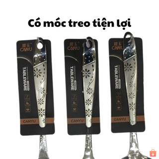 Bộ muôi môi xẻng inox cán hoa chìm có móc treo đa năng nấu ăn gia đình tiện lợi