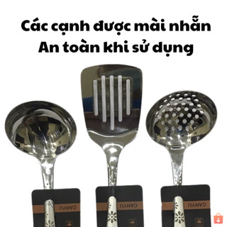 Bộ muôi môi xẻng inox cán hoa chìm có móc treo đa năng nấu ăn gia đình tiện lợi
