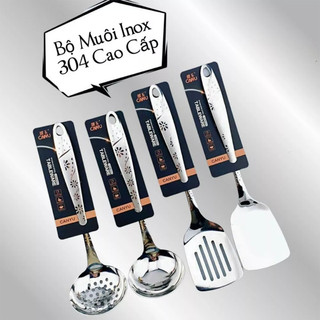 Bộ muôi môi xẻng inox cán hoa chìm có móc treo đa năng nấu ăn gia đình tiện lợi
