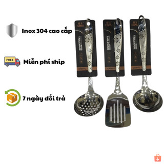 Bộ muôi môi xẻng inox cán hoa chìm có móc treo đa năng nấu ăn gia đình tiện lợi