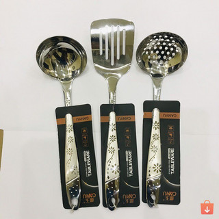 Bộ muôi môi xẻng inox cán hoa chìm có móc treo đa năng nấu ăn gia đình tiện lợi
