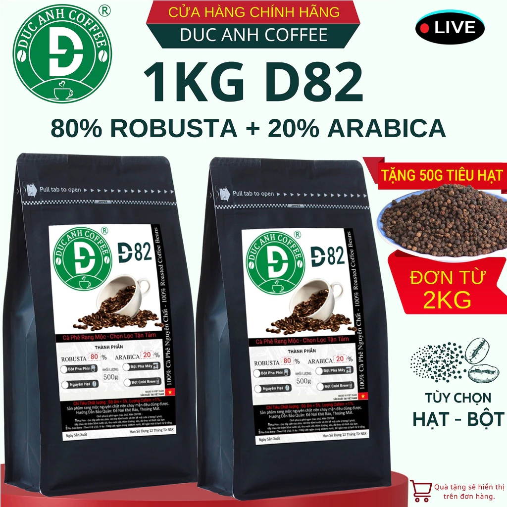 1kg Cà Phê Rang Mộc D82 DUC ANH COFFEE Nguyên Chất Tùy Chọn Xay Pha Phin, Xay Pha Máy, Nguyên Hạt,2 Túi Zipper 500g