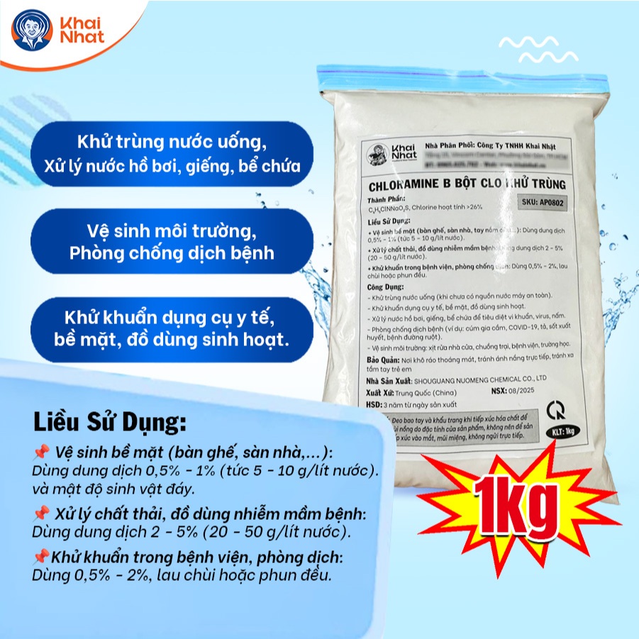Bột Khử khuẩn Cloramin B 26% -  Khử trùng, Diệt khuẩn vệ sinh nhà cửa, dụng cụ (1kg/gói)