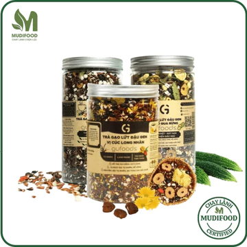 Combo 3 hũ Trà gạo lứt đậu đen Gufoods Vị thảo mộc, khổ qua rừng, cúc long nhãn (mỗi hũ 500g) - Thanh Mát, Ngủ ngon