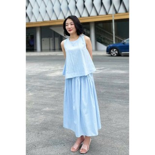 Áo Sát Nách Dáng Suông Phối Chân Váy Xoè Chun Eo Nhún Tầng VIEN TRAN V61B25H035 V62L25H013