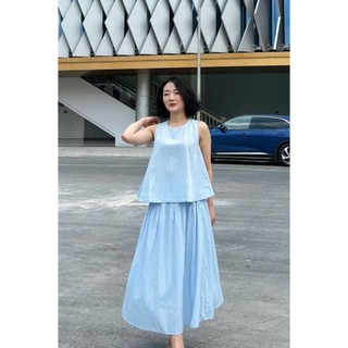 Áo Sát Nách Dáng Suông Phối Chân Váy Xoè Chun Eo Nhún Tầng VIEN TRAN V61B25H035 V62L25H013