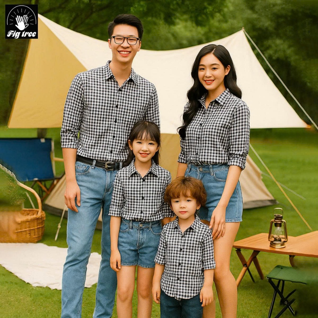 Set Áo Sơ Mi Gia Đình FIG TREE Caro Trắng Đen Cho Gia Đình Đi Chơi, Đi Tiệc (size đến 110kg), MS147C