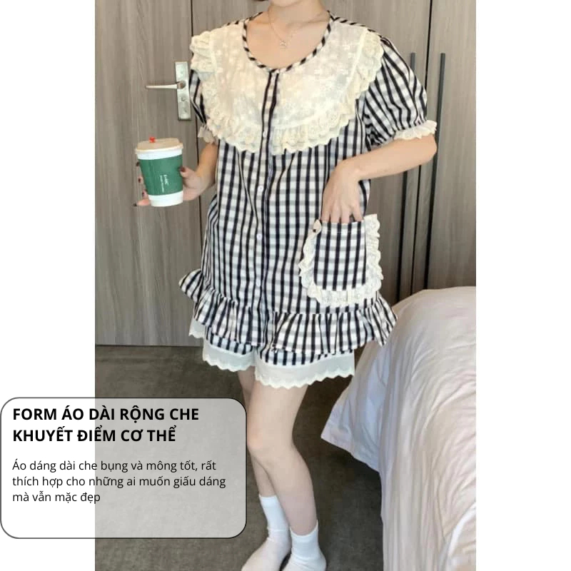 Set đồ ngủ nữ kẻ sọc đen trắng cổ tròn ren bèo nhún tay phồng, bộ pijama nữ mặc nhà tay ngắn xinh xắn HCOM25467