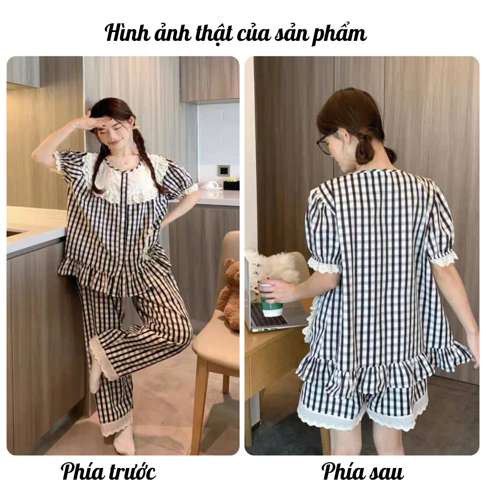 Set đồ ngủ nữ kẻ sọc đen trắng cổ tròn ren bèo nhún tay phồng, bộ pijama nữ mặc nhà tay ngắn xinh xắn HCOM25467