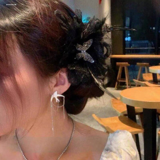 Kẹp Tóc Lông Vũ Đen Đính Đá Size To Hoa Mẫu Đơn
