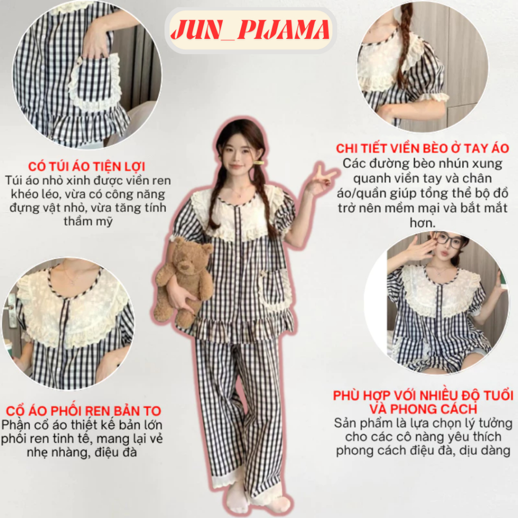 Set đồ ngủ nữ kẻ sọc đen trắng cổ tròn ren bèo nhún tay phồng, bộ pijama nữ mặc nhà tay ngắn xinh xắn HCOM25467