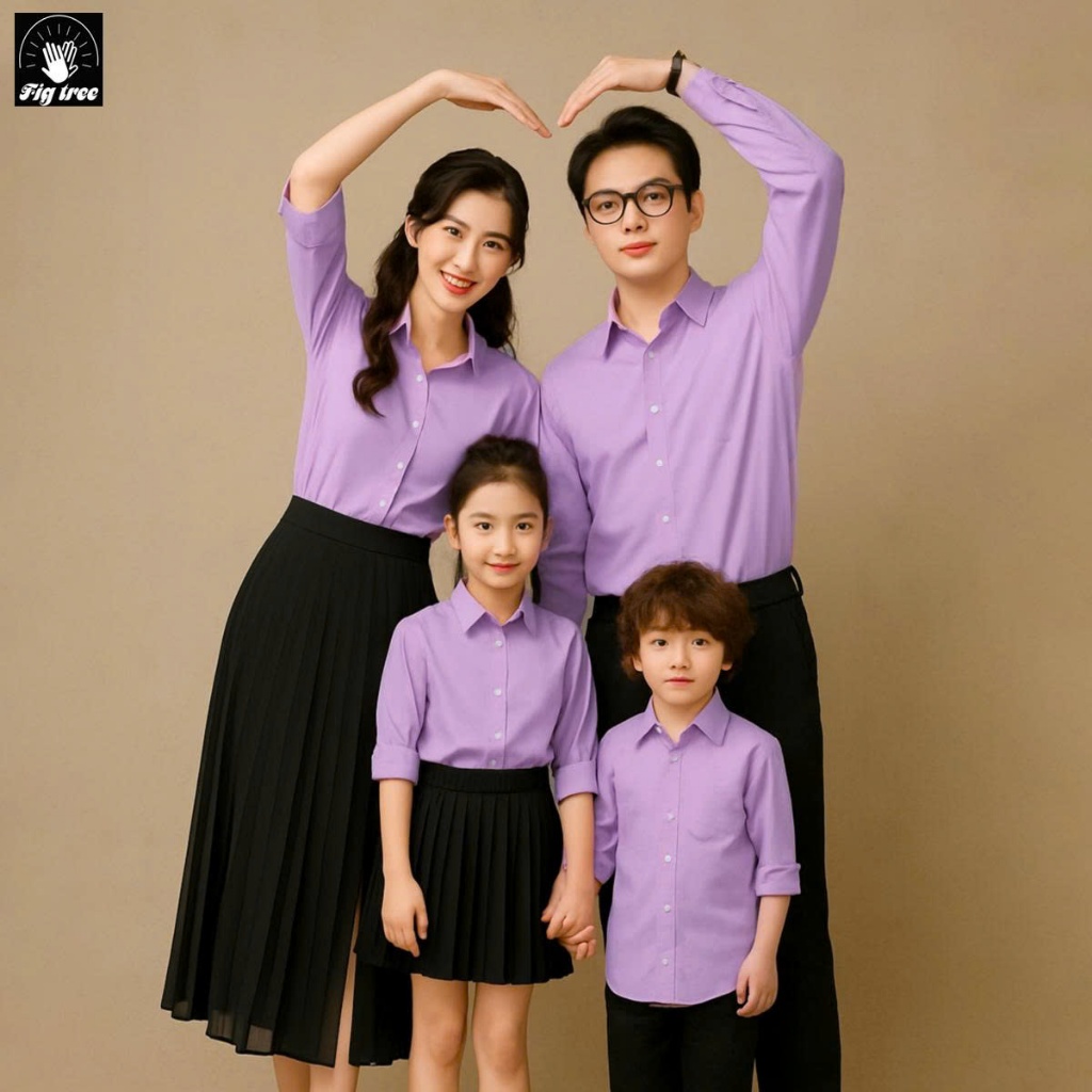 Set Sơ Mi Đôi, Sơ Mi Gia Đình Fig Tree Màu Tím Cà Thủy Chung, Chất Cotton Trơn Mềm Mịn, Size 8-110kg