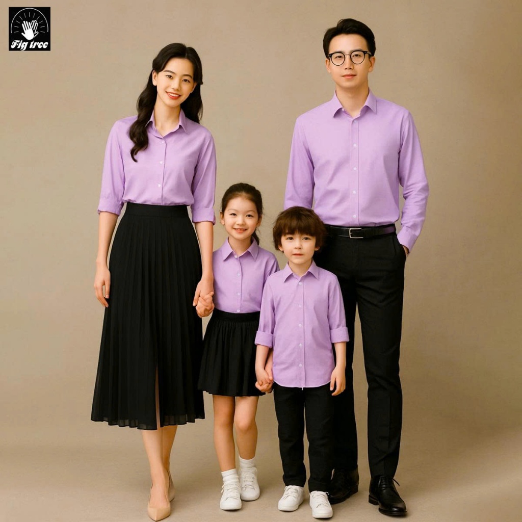 Set Sơ Mi Đôi, Sơ Mi Gia Đình Fig Tree Màu Tím Cà Thủy Chung, Chất Cotton Trơn Mềm Mịn, Size 8-110kg