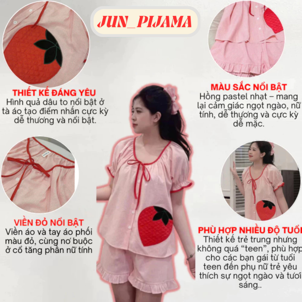 Set đồ ngủ nữ kẻ sọc hồng hình dâu tây tay ngắn viền đỏ dễ thương, bộ pijama nữ mặc nhà cute chất liệu mềm HCOM25159