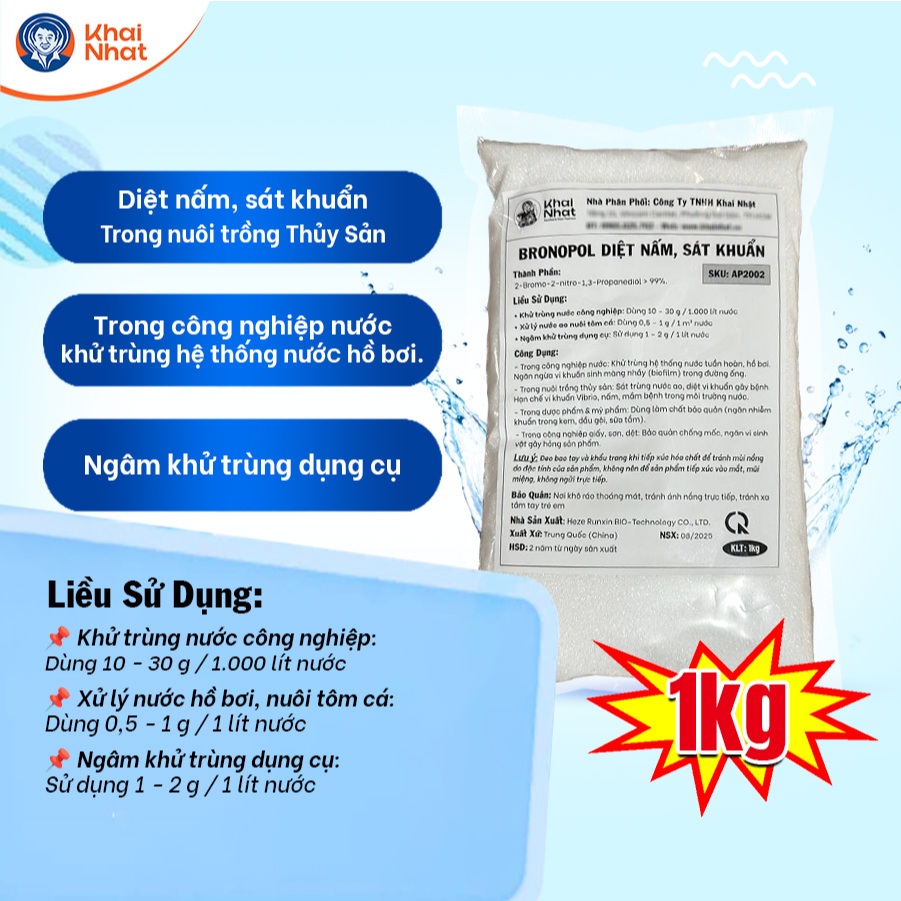 Khai Nhật Bronopol 99% Sạch Nấm Xử Lý Ký Sinh Trùng Bảo Vệ Đường Ruột Tôm Cá Thủy Sản (Gói 1kg)