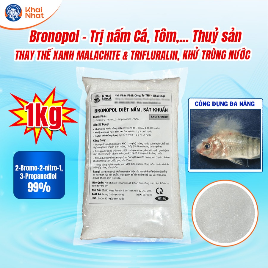 Khai Nhật Bronopol 99% Sạch Nấm Xử Lý Ký Sinh Trùng Bảo Vệ Đường Ruột Tôm Cá Thủy Sản (Gói 1kg)