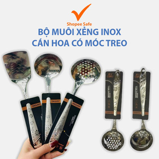 Bộ muôi môi xẻng inox cán hoa chìm có móc treo đa năng nấu ăn gia đình tiện lợi