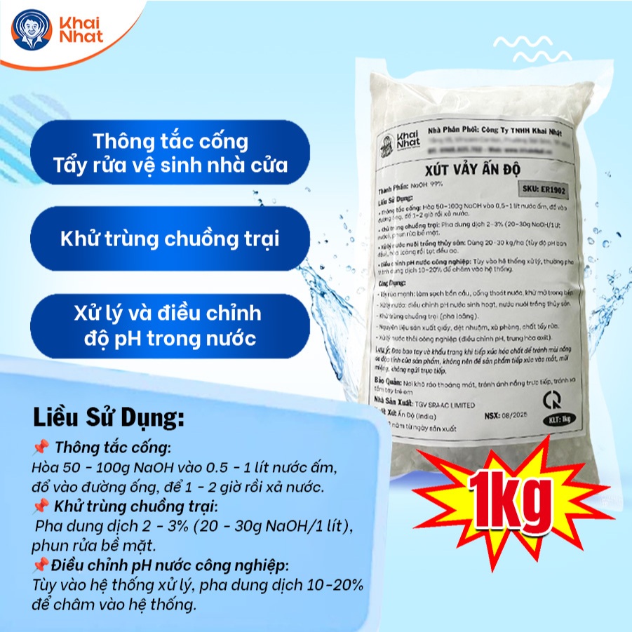 Xút Vảy Ấn Độ NaOH 99% Khai Nhật - Thông Tắc Cống, Tẩy Dầu Mỡ, Điều Chỉnh pH (Gói 1kg)