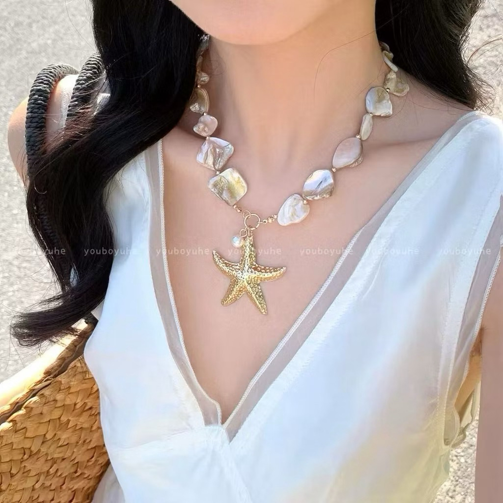 Vòng Cổ Vỏ Sò Hình Ngôi Sao Biển bằng thép mạ Vàng Sea Dây Chuyền Vintage Đi Biển Xinh Xắn