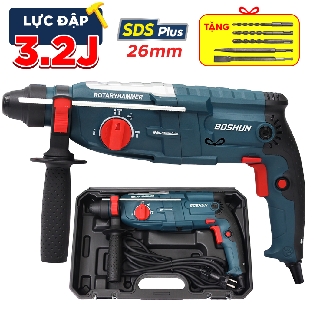 Máy Khoan Bê Tông Điện BS-RH1050PRO BOSHUN 3 Chức Năng Đầu Kẹp 10mm, kèm bộ 24 chi tiết