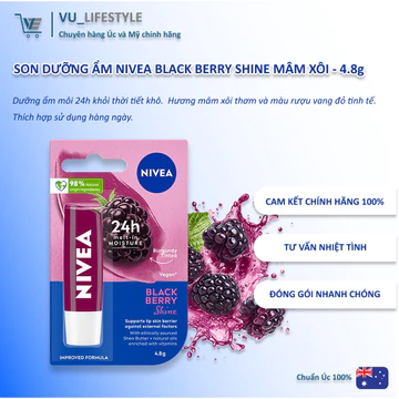 [Hàng Úc] 💄SON DƯỠNG ẨM NIVEA BLACK BERRY SHINE MÂM XÔI - 4.8g | Dưỡng ẩm | Ánh đỏ | Hương mâm xôi