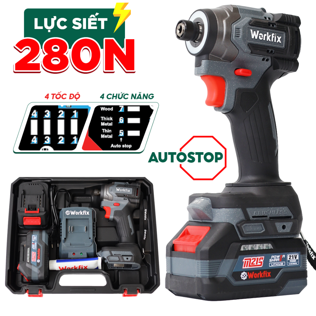Máy Vặn Vít Đa Năng Workfix WF-SD280PRO – Siết Vít Gỗ, Thép, Nội Thất Đầu 1/4 Gài Nhanh, Đèn LED, Motor Không Chổi Than